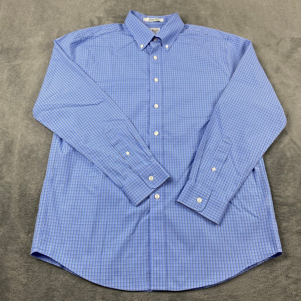 LL Bean Mens 15.5-33 Button Down Shirt Blue Check Wrinkle Free Slightly Fitted